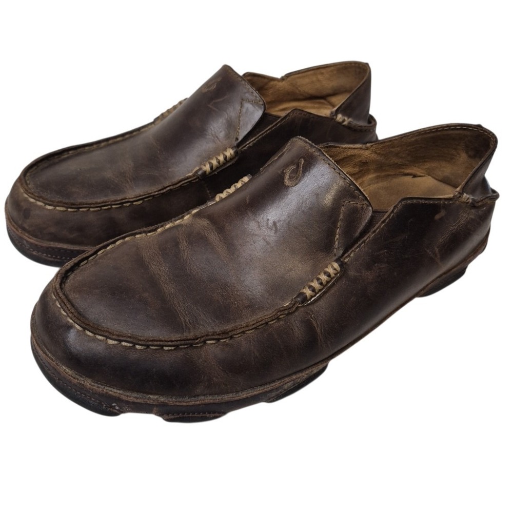 Olukai Moloa Shoes Mens 10.5 Brown Leather Slip On Loafers Collapsible Heel